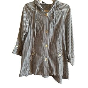 Jones New York Linen Blend Woman's Black White Striped Hooded Size Small Jacket